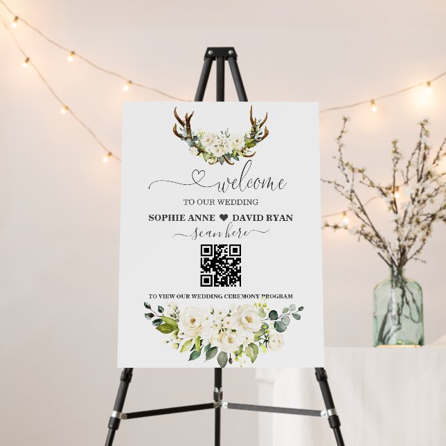 QR Code White Floral Antlers Wedding Welcome Sign (In Situ (Stand))