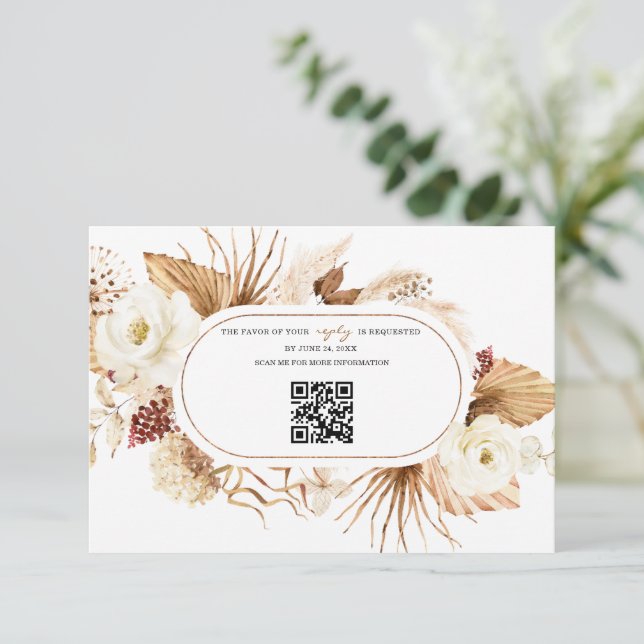 QR Code White Flowers Pampas Grass Birthday Reply RSVP Card (Standing Front)