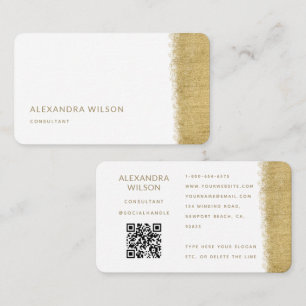 QR Code White Gold Brush Elegant Professional Business Card