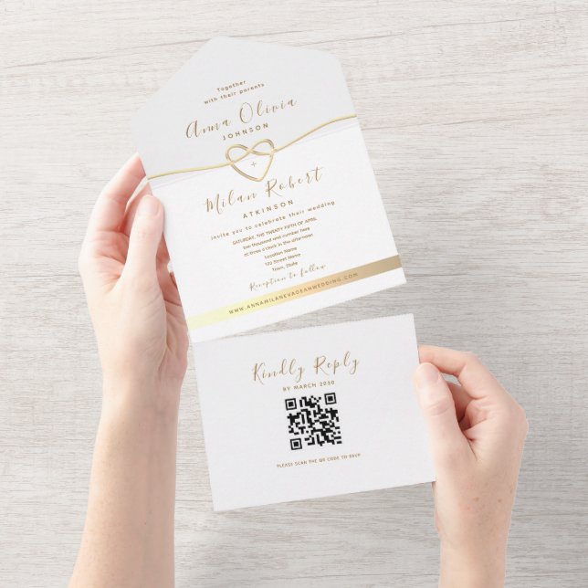 QR Code White Gold Wedding All In One Invitation (Tearaway)