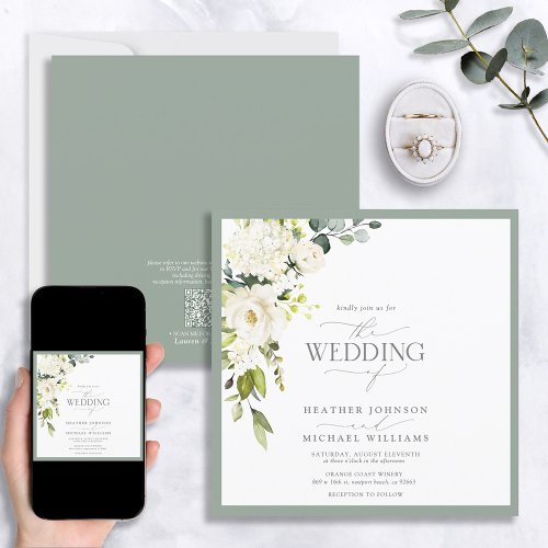 QR Code White Gray Green Floral Watercolor Script Invitation