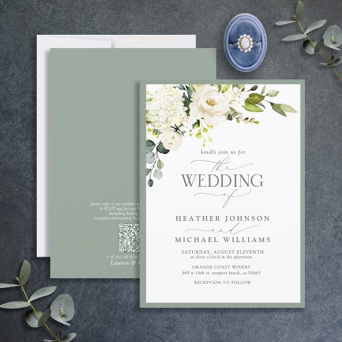 QR Code White Gray Green Floral Watercolor Wedding Invitation