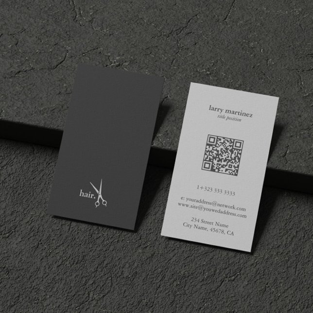 QR Code White Gray Minimalistic Hair Business Card (Creator Uploaded)