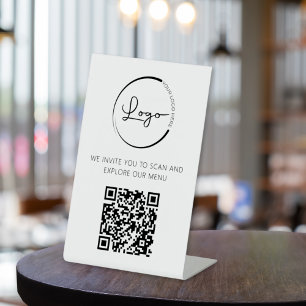 QR Code White Menu Logo Modern Restaurant Pedestal Sign