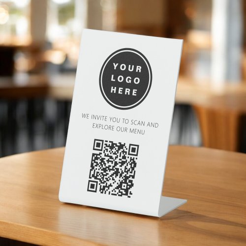 QR Code White Menu Logo Modern Restaurant Pedestal Sign