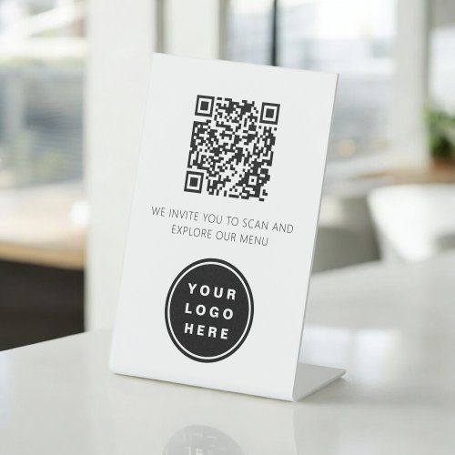 QR Code White Menu Logo Modern Restaurant Pedestal Sign