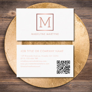 QR Code White Rose Gold Monogram Elegant Business Card