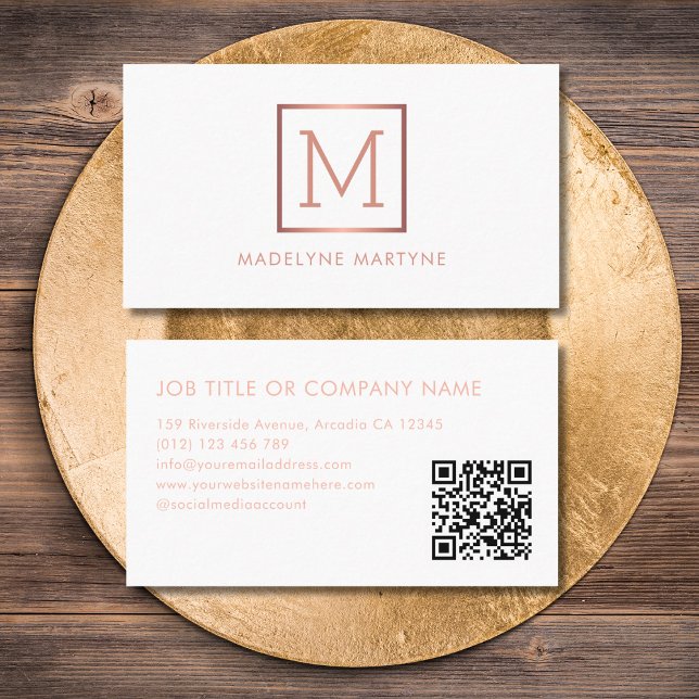 QR Code White Rose Gold Monogram Elegant Business Card (Creator Uploaded)