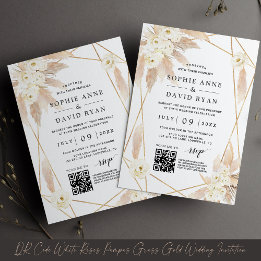 QR Code White Roses Pampas Grass Gold Wedding  Invitation