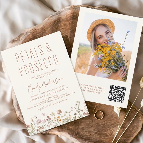 QR Code Wildflower Petals  Prosecco Bridal Shower Flyer