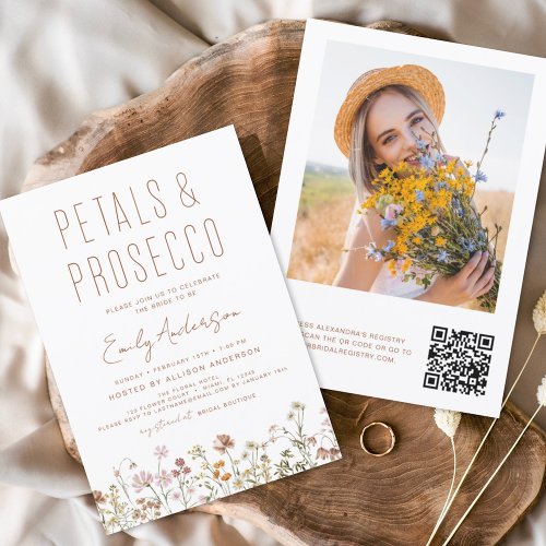 QR Code Wildflower Petals  Prosecco Bridal Shower Invitation