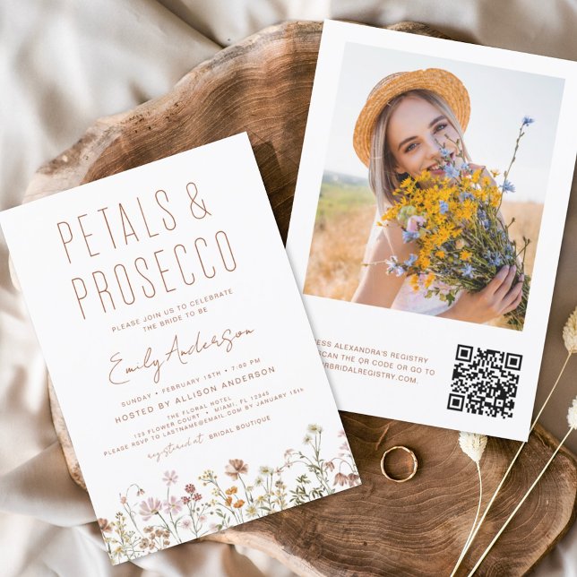 QR Code Wildflower Petals & Prosecco Bridal Shower Invitation (Creator Uploaded)