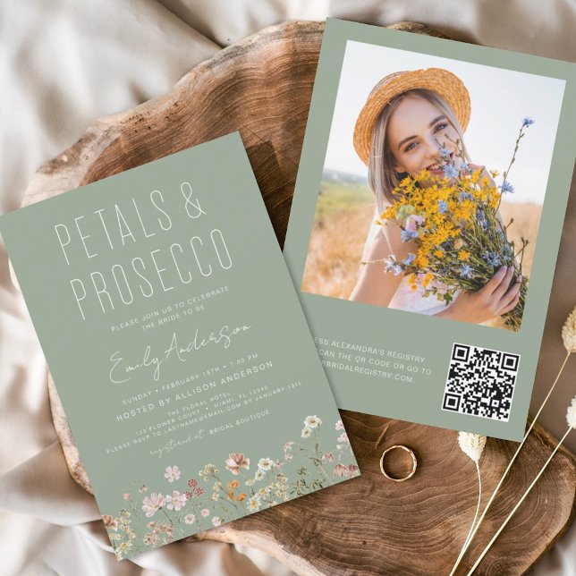 QR Code Wildflower Petals & Prosecco Sage Green Flyer (Creator Uploaded)