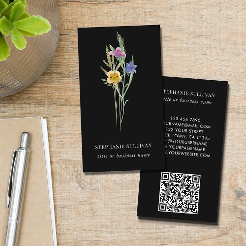 QR Code Wildflower Professional Black Business Card