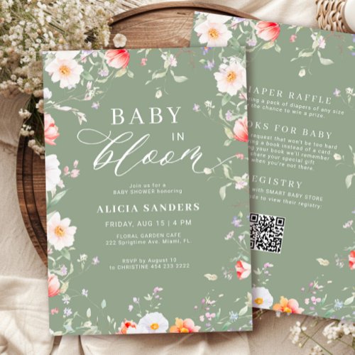 QR code wildflower sage green in bloom baby shower Invitation