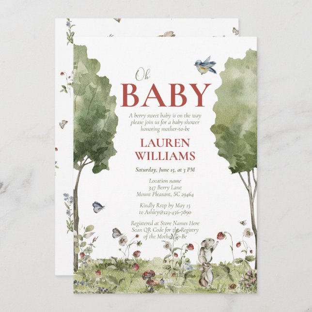 QR Code Wildflower Strawberry Oh Baby Shower Invitation (Front/Back)