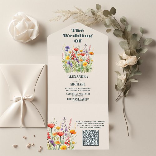QR Code Wildflower Wedding Boho Country Floral All In One Invitation