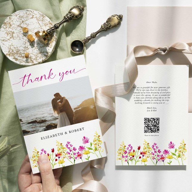 QR Code Wildflower Wedding Floral Script Spring   Thank You Card (Creator Uploaded)