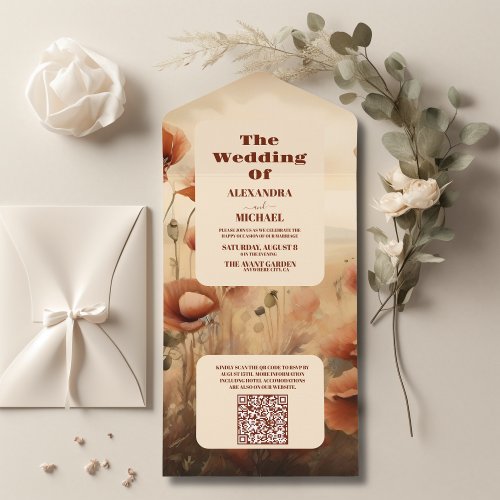 QR Code Wildflower Wedding Rustic Floral  All In One Invitation