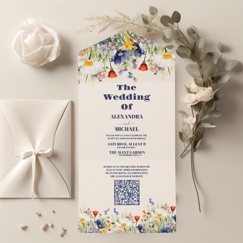 QR Code Wildflower Wedding Rustic Floral All In One Invitation