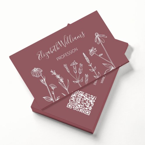 QR Code Wildflowers Dusty Rose Mauve Business Card