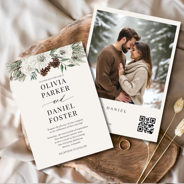 QR Code Winter Photo Elegant Evergreen Wedding Invitation (Creator Uploaded)
