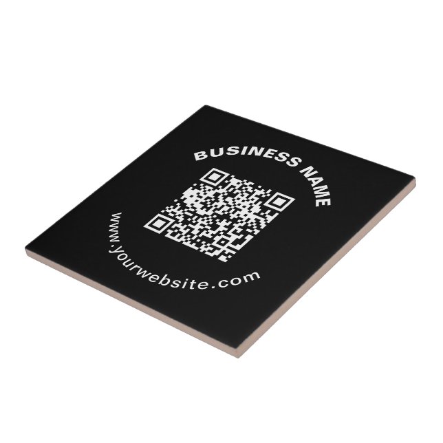QR Code with Business Name Bold Circular Text Ceramic Tile (Side)