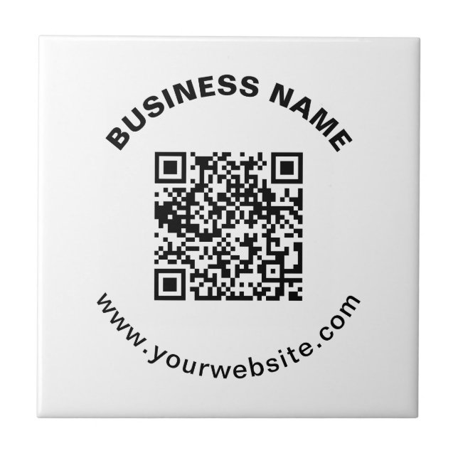 QR Code with Business Name Bold Circular Text Ceramic Tile (Front)