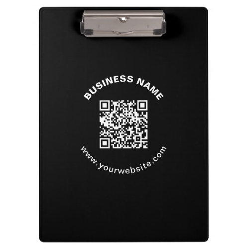 QR Code with Business Name Bold Circular Text Clipboard