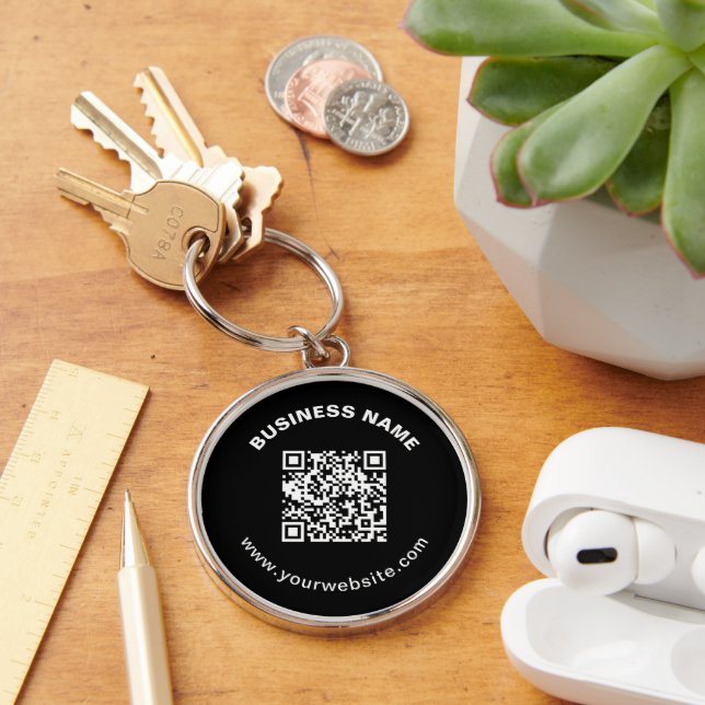 QR Code with Business Name Bold Circular Text Keychain (Desk)