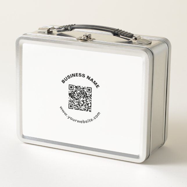 QR Code with Business Name Bold Circular Text Metal Lunch Box (Front)