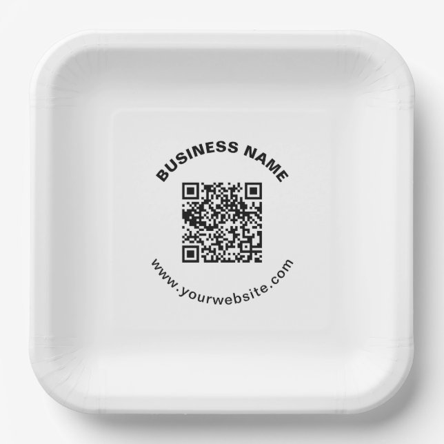 QR Code with Business Name Bold Circular Text Paper Plates (Front)
