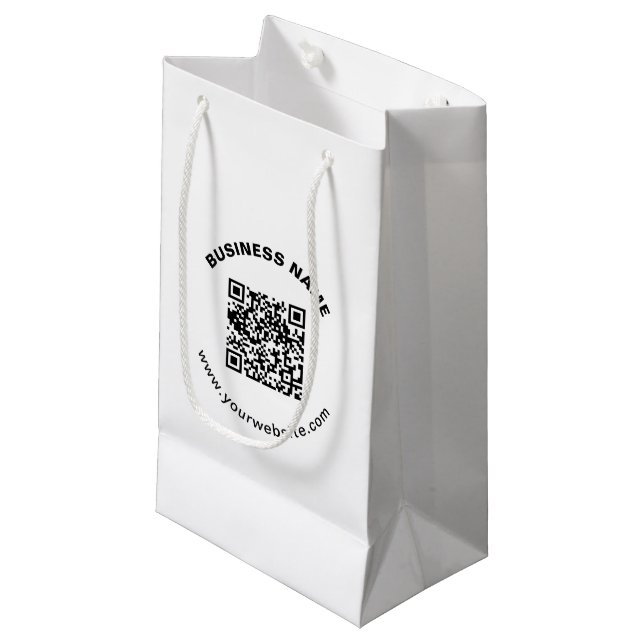 QR Code with Business Name Bold Circular Text Small Gift Bag (Front Angled)