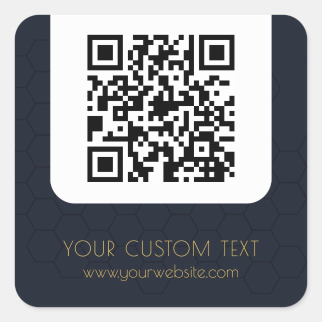QR Code with custom text navy blue elegant  Square Sticker (Front)