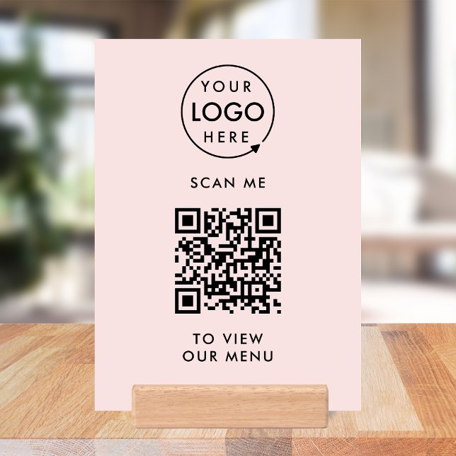QR Code Wood Block Sign | Menu Pink Tabletop Signs (Branded interactive QR code menu table signs for restaurants, bars, cafes & hospitality events!)