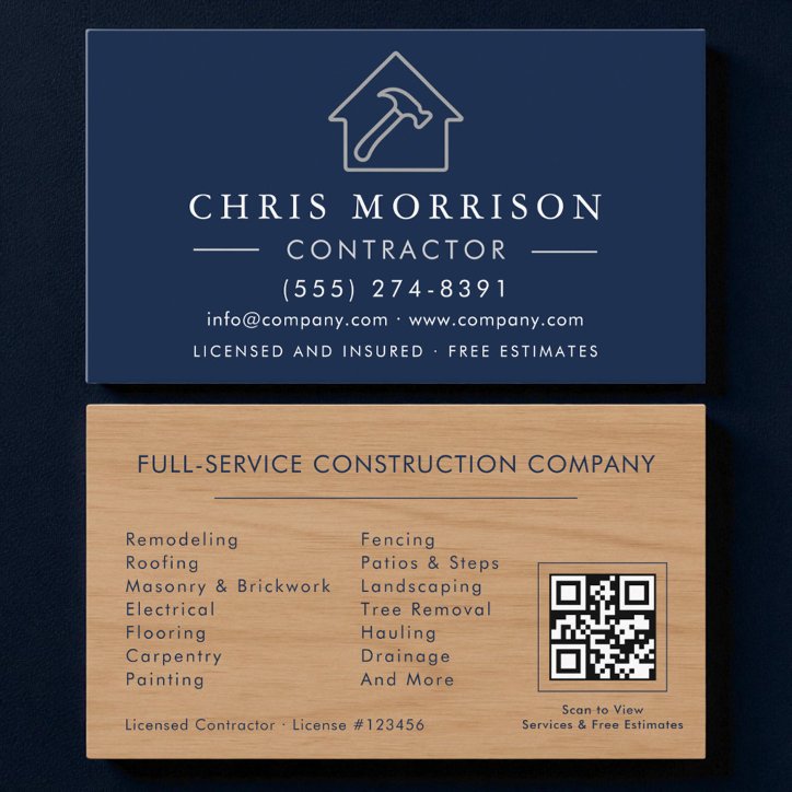 QR Code Wood Building Construction Navy Blue Business Card