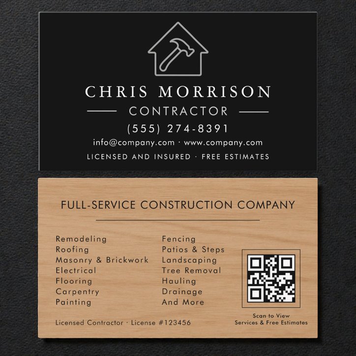 QR Code Wood Building Contractor Business Card
