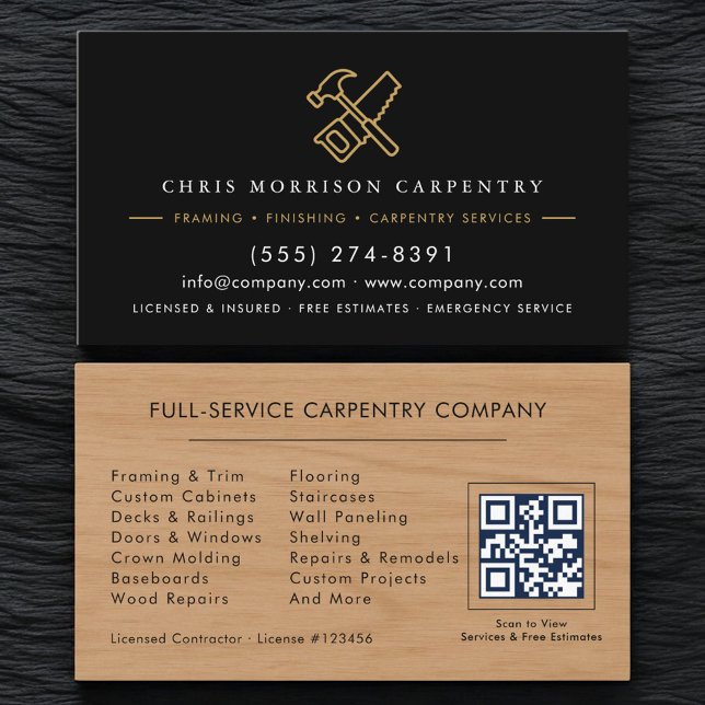 QR Code Wood Carpentry Service Hammer Saw  Business Card (Creator Uploaded)