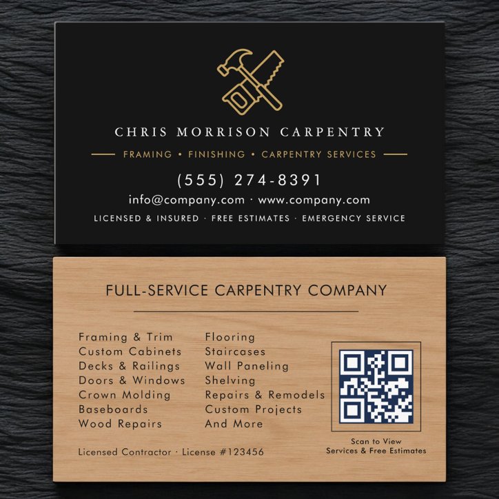 QR Code Wood Carpentry Service Hammer Saw Business Card