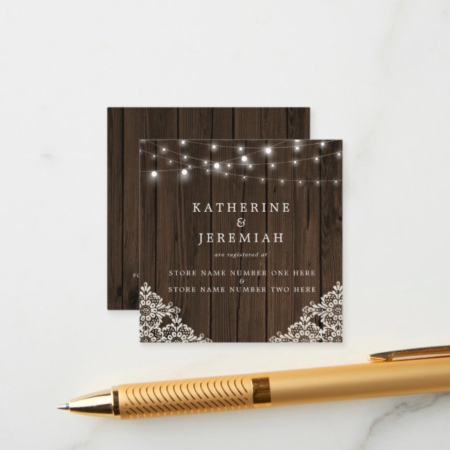 QR Code Wood Lights Lace Wedding Registry Enclosure Card (Front/Back In Situ)