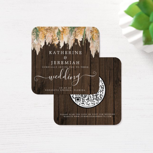 QR Code Wood Pampas Grass Wedding Invitation (Desk)
