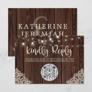 QR Code Wood String Lights Lace Wedding RSVP Card