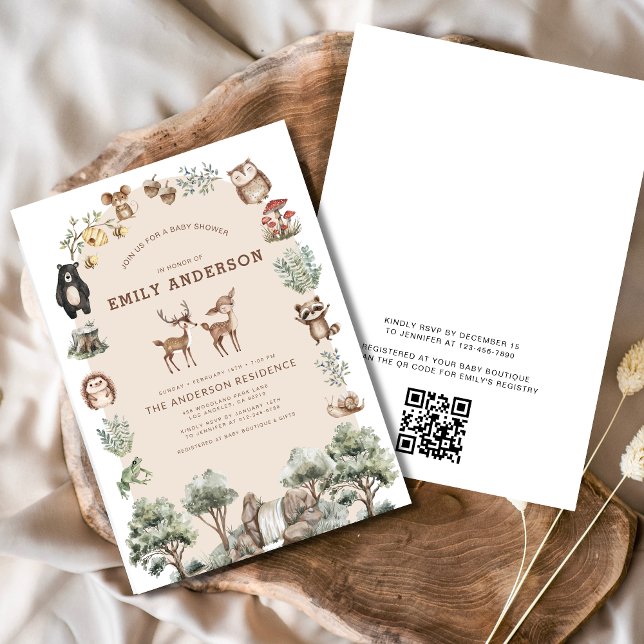 QR Code Woodland Forest Animals Baby Shower Invitation (Creator Uploaded)
