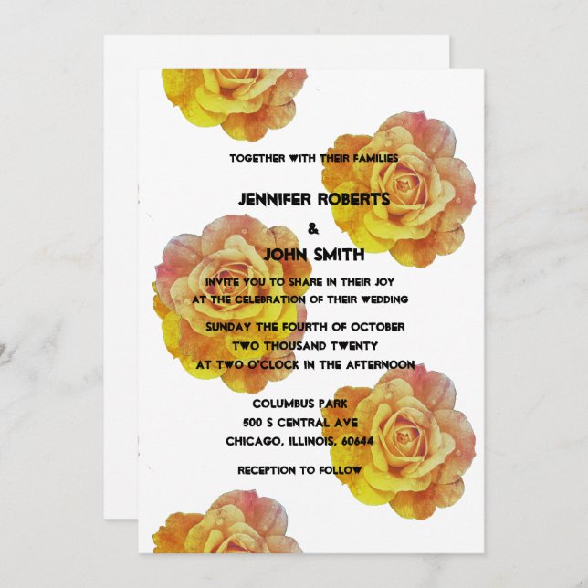 QR Code Yellow Orange Floral Rose Boho Wedding Invitation (Front/Back)