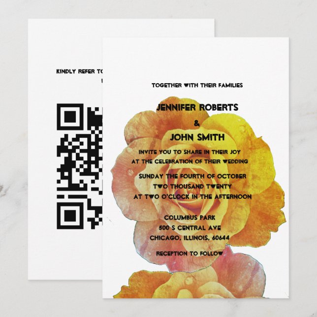 QR Code Yellow Orange White Floral Rose Wedding Invitation (Front/Back)