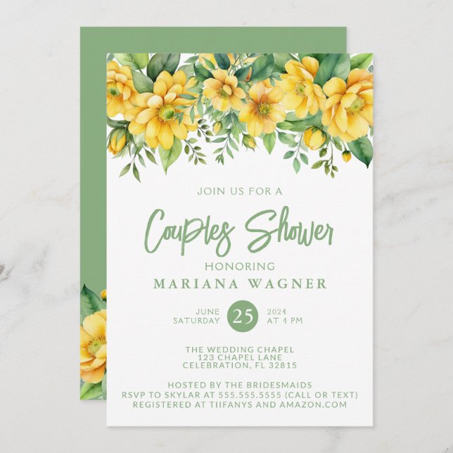 QR Code Yellow Sage Floral Couples Shower  Invitation (Front/Back)