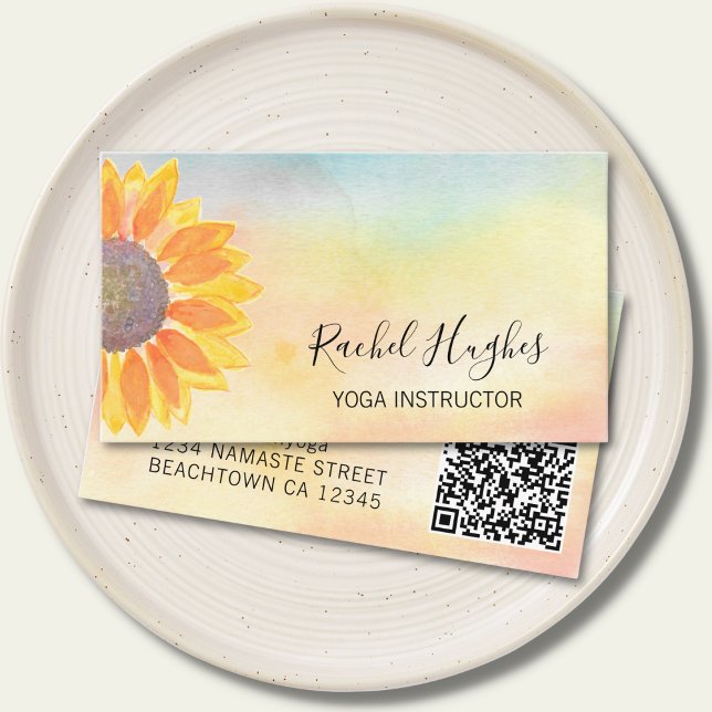 QR Code Yoga Instructor Sunflower Watercolor Business Card (Creator Uploaded)
