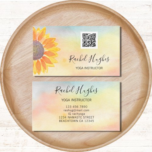 QR Code Yoga Instructor Sunflower Watercolor Business Card
