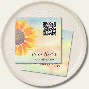 QR Code Yoga Instructor Sunflower Watercolor Square Business Card