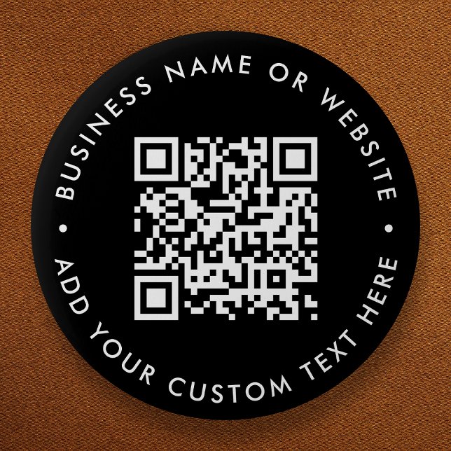 QR Code | Your Text Black Modern Minimalist Button (Interactive editable QR code budget button pins to promote your business, products or services.)